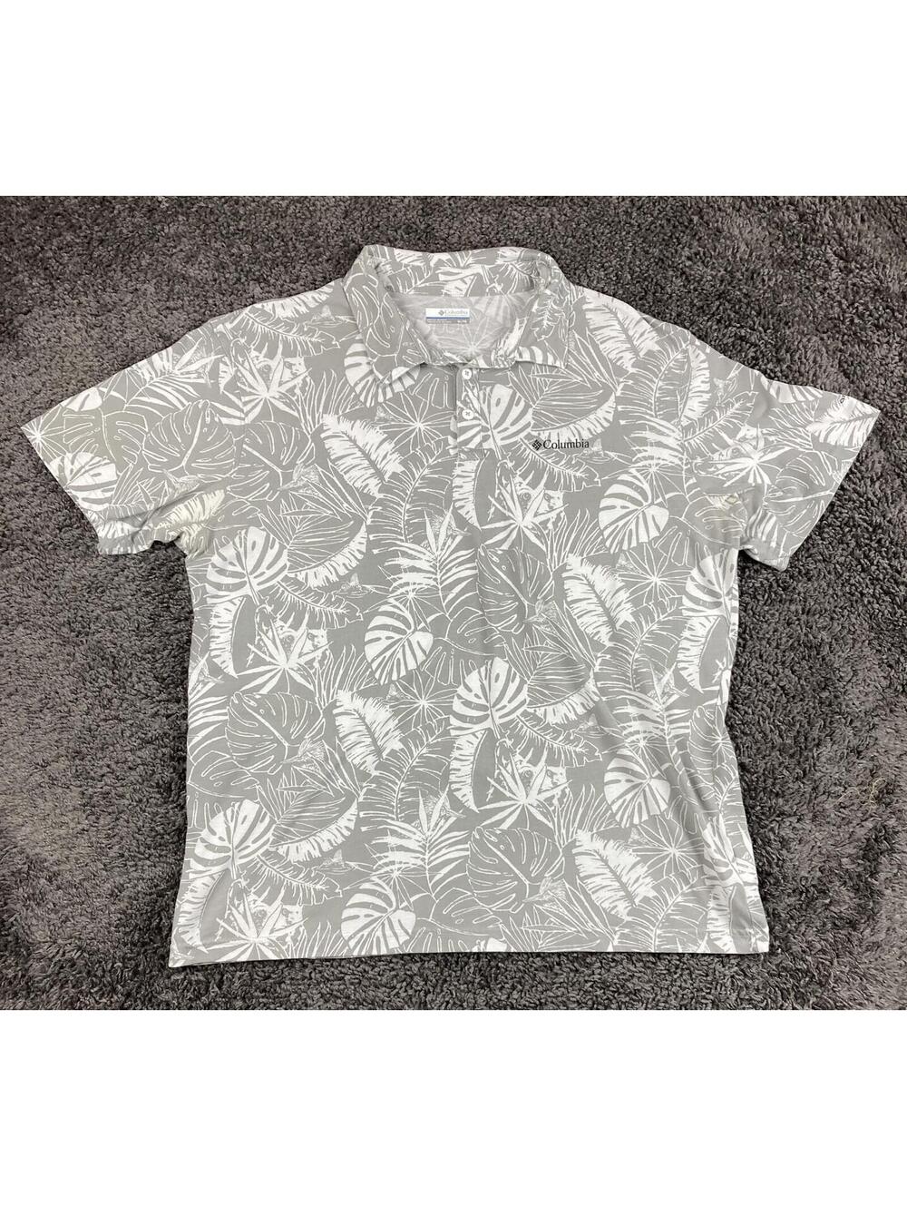 Columbia Thistledown Hills Polo Shirt Mens Gray White Floral Palm Leaf Cotton XL